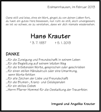 Traueranzeige von Hans Krauter von Marbacher Zeitung