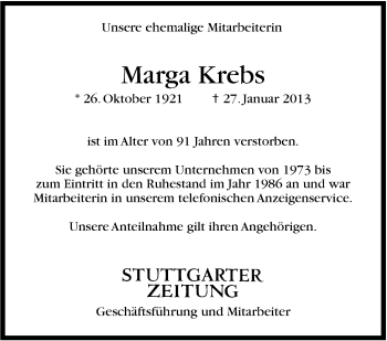 Traueranzeige von Marga Krebs von Stuttgarter Zeitung / Stuttgarter Nachrichten
