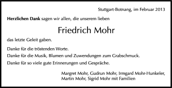 Traueranzeige von Friedrich Mohr von Stuttgarter Zeitung / Stuttgarter Nachrichten