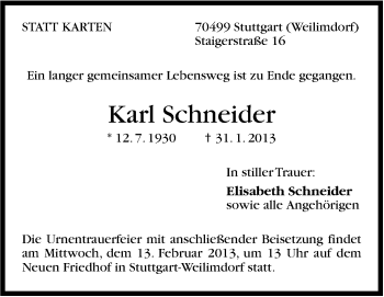 Traueranzeige von Karl Schneider von Stuttgarter Zeitung / Stuttgarter Nachrichten