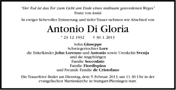 Traueranzeige von Antonio Di Gloria von Stuttgarter Zeitung / Stuttgarter Nachrichten