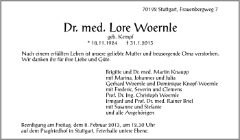 Traueranzeige von Lore Woernle von Stuttgarter Zeitung / Stuttgarter Nachrichten