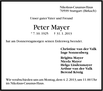 Traueranzeige von Peter Mayer von Stuttgarter Zeitung / Stuttgarter Nachrichten