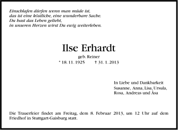 Traueranzeige von Ilse Erhardt von Stuttgarter Zeitung / Stuttgarter Nachrichten