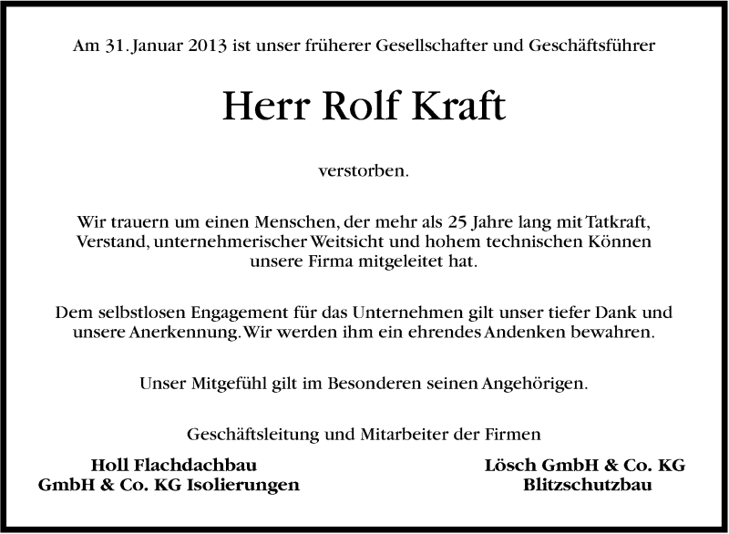  Traueranzeige für Rolf Kraft vom 05.02.2013 aus Stuttgarter Zeitung / Stuttgarter Nachrichten
