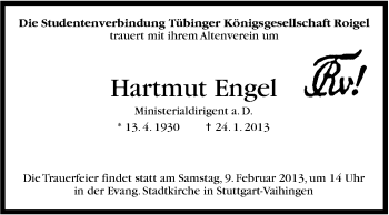 Traueranzeige von Hartmut Engel von Stuttgarter Zeitung / Stuttgarter Nachrichten