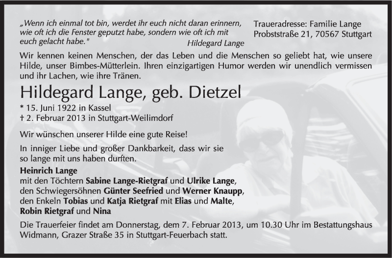  Traueranzeige für Hildegard Lange vom 05.02.2013 aus Stuttgarter Zeitung / Stuttgarter Nachrichten