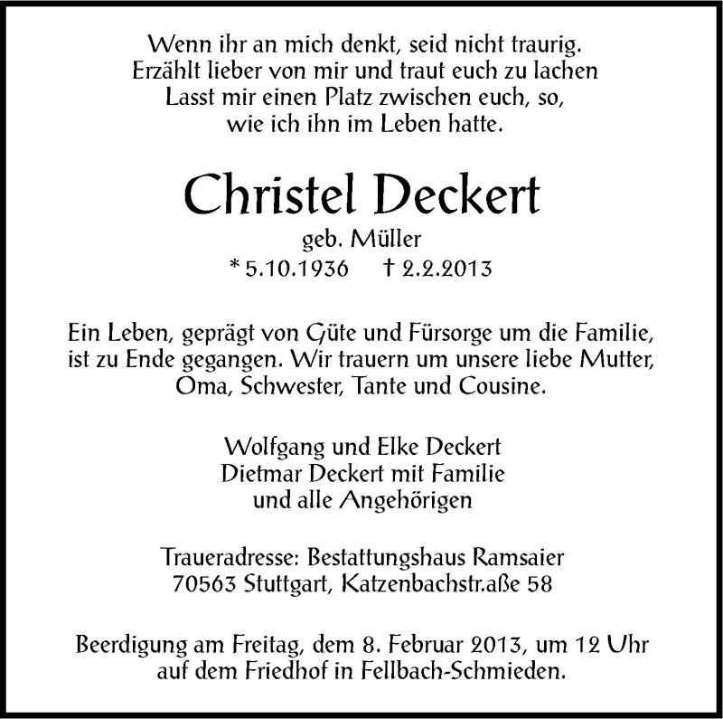  Traueranzeige für Christel Deckert vom 05.02.2013 aus Stuttgarter Zeitung / Stuttgarter Nachrichten