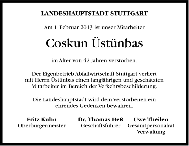  Traueranzeige für Coskun Üstünbas vom 05.02.2013 aus Stuttgarter Zeitung / Stuttgarter Nachrichten