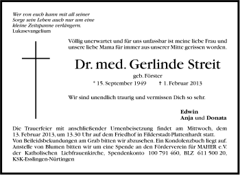 Traueranzeige von Gerlinde Streit von Stuttgarter Zeitung / Stuttgarter Nachrichten