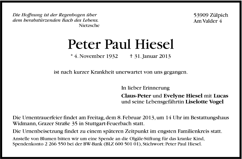  Traueranzeige für Peter Paul Hiesel vom 05.02.2013 aus Stuttgarter Zeitung / Stuttgarter Nachrichten