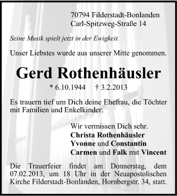 Traueranzeige von Gerd Rothenhäusler von Stuttgarter Zeitung / Stuttgarter Nachrichten