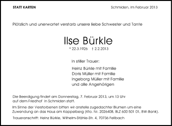 Traueranzeige von Ilse Bürkle von Stuttgarter Zeitung / Stuttgarter Nachrichten