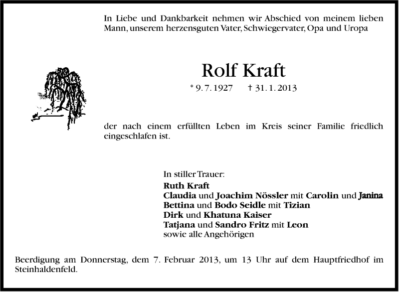  Traueranzeige für Rolf Kraft vom 04.02.2013 aus Stuttgarter Zeitung / Stuttgarter Nachrichten