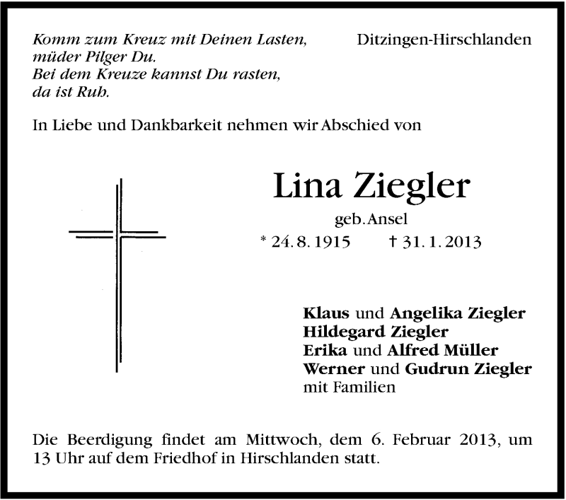  Traueranzeige für Lina Ziegler vom 04.02.2013 aus Stuttgarter Zeitung / Stuttgarter Nachrichten