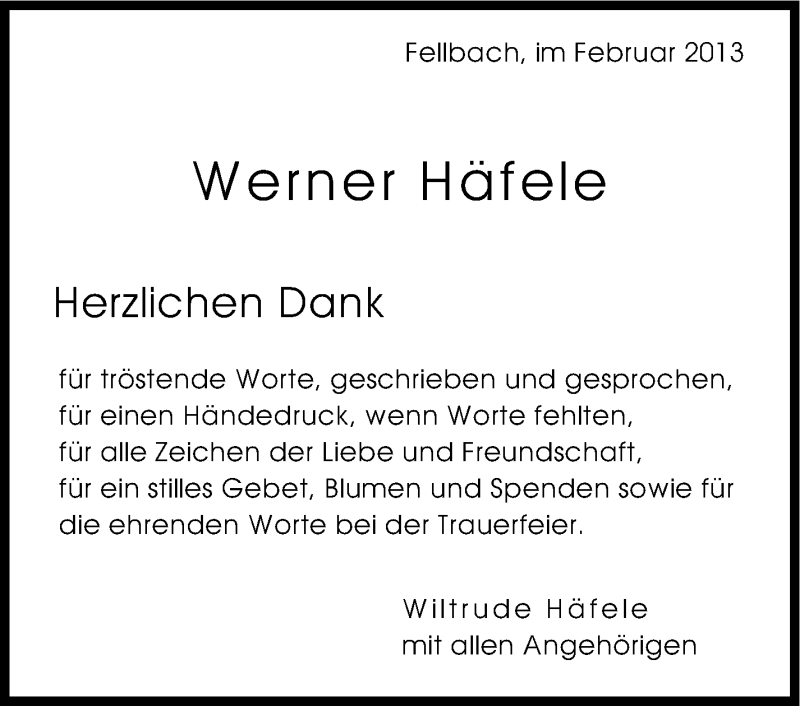  Traueranzeige für Werner Häfele vom 06.02.2013 aus Stuttgarter Zeitung / Stuttgarter Nachrichten