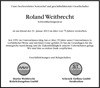 Traueranzeige von Roland Weitbrecht von Stuttgarter Zeitung / Stuttgarter Nachrichten
