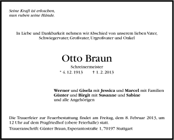 Traueranzeige von Otto Braun von Stuttgarter Zeitung / Stuttgarter Nachrichten