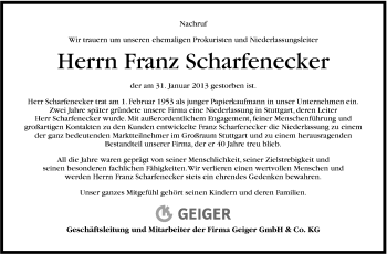 Traueranzeige von Franz Scharfenecker von Stuttgarter Zeitung / Stuttgarter Nachrichten