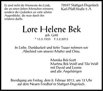 Traueranzeige von Lore Helene Bek von Stuttgarter Zeitung / Stuttgarter Nachrichten