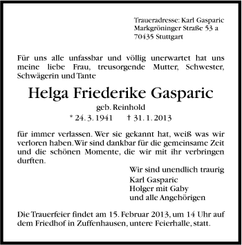Traueranzeige von Helga Friederike Gasparic von Stuttgarter Zeitung / Stuttgarter Nachrichten