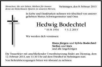 Traueranzeige von Hedwig Bodechtel von Stuttgarter Zeitung / Stuttgarter Nachrichten