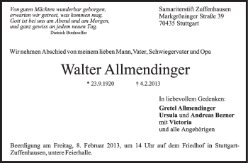 Traueranzeige von Walter Allmendinger von Stuttgarter Zeitung / Stuttgarter Nachrichten