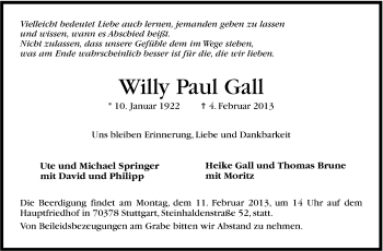 Traueranzeige von Willy Paul Gall von Stuttgarter Zeitung / Stuttgarter Nachrichten