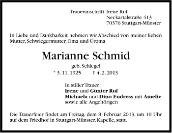 Traueranzeige von Marianne Schmid von Stuttgarter Zeitung / Stuttgarter Nachrichten