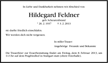 Traueranzeige von Hildegard Feldner von Stuttgarter Zeitung / Stuttgarter Nachrichten