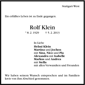 Traueranzeige von Rolf Klein von Stuttgarter Zeitung / Stuttgarter Nachrichten