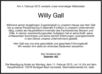 Traueranzeige von Willy Gall von Stuttgarter Zeitung / Stuttgarter Nachrichten