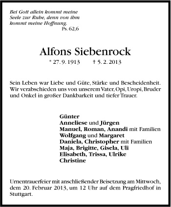 Traueranzeige von Alfons Siebenrock von Stuttgarter Zeitung / Stuttgarter Nachrichten