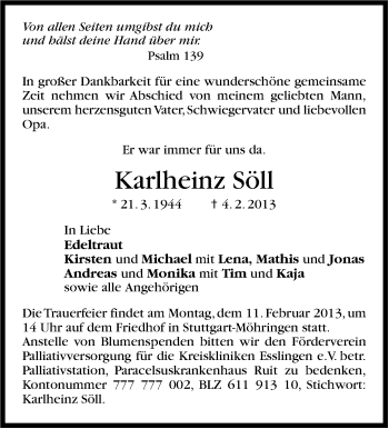 Traueranzeige von Karlheinz Söll von Stuttgarter Zeitung / Stuttgarter Nachrichten