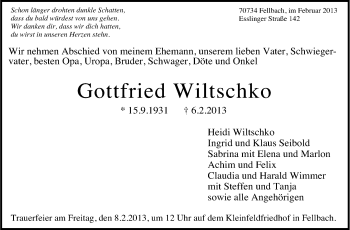 Traueranzeige von Gottfried Wiltschko von Stuttgarter Zeitung / Stuttgarter Nachrichten