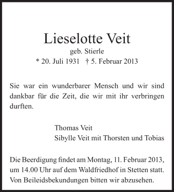 Traueranzeige von Lieselotte Veit von Stuttgarter Zeitung / Stuttgarter Nachrichten