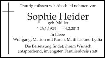 Traueranzeige von Sophie Heider von Stuttgarter Zeitung / Stuttgarter Nachrichten