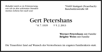 Traueranzeige von Gert Petershans von Stuttgarter Zeitung / Stuttgarter Nachrichten