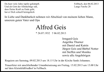 Traueranzeige von Alfred Geis von Stuttgarter Zeitung / Stuttgarter Nachrichten