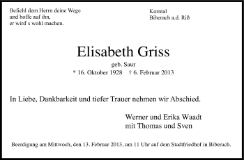 Traueranzeige von Elisabeth Griss von Stuttgarter Zeitung / Stuttgarter Nachrichten