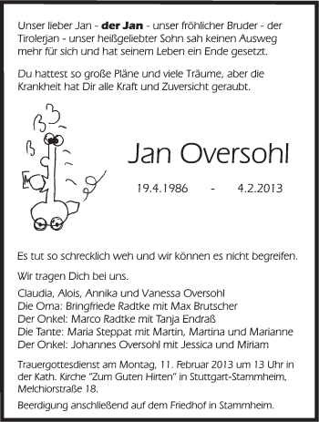 Traueranzeige von Jan Oversohl von Stuttgarter Zeitung / Stuttgarter Nachrichten