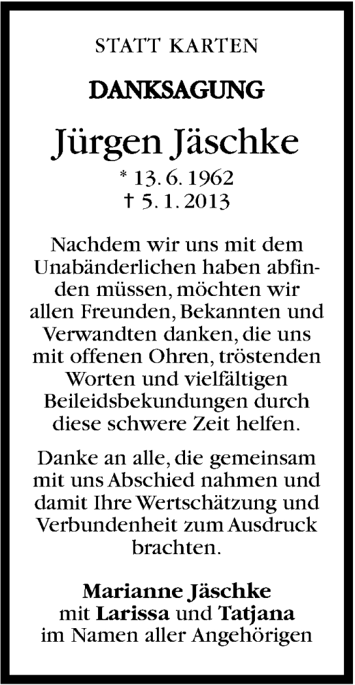  Traueranzeige für Jürgen Jäschke vom 09.02.2013 aus Stuttgarter Zeitung / Stuttgarter Nachrichten