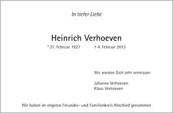 Traueranzeige von Heinrich Verhoeven von Stuttgarter Zeitung / Stuttgarter Nachrichten