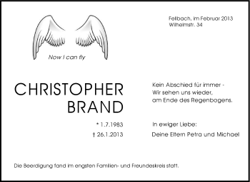 Traueranzeige von Christopher Brand von Stuttgarter Zeitung / Stuttgarter Nachrichten