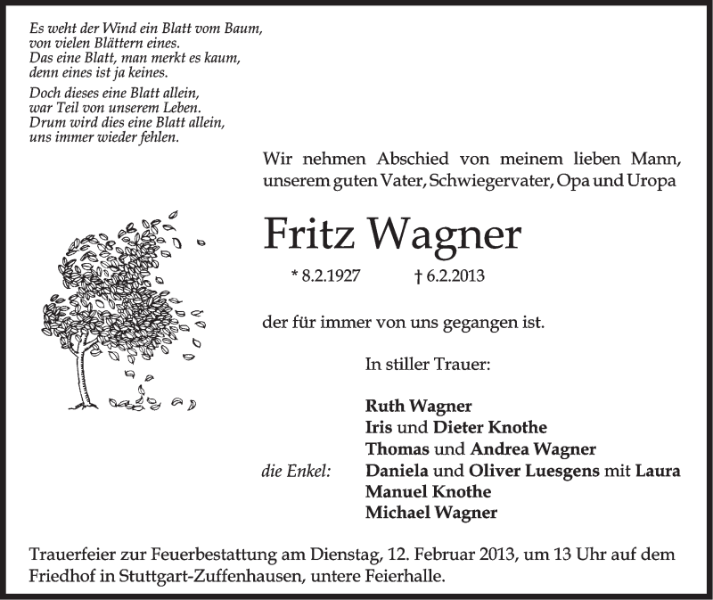  Traueranzeige für Fritz Wagner vom 08.02.2013 aus Stuttgarter Zeitung / Stuttgarter Nachrichten