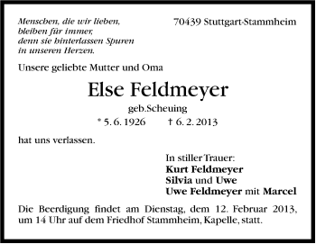 Traueranzeige von Else Feldmeyer von Stuttgarter Zeitung / Stuttgarter Nachrichten