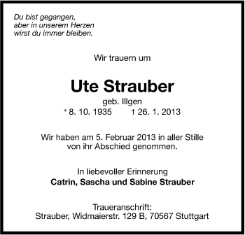 Traueranzeige von Ute Strauber von Stuttgarter Zeitung / Stuttgarter Nachrichten