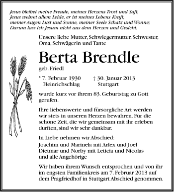 Traueranzeige von Berta Brendle  von Stuttgarter Zeitung / Stuttgarter Nachrichten