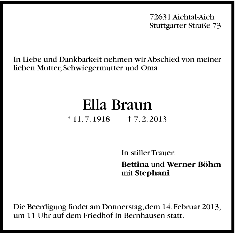  Traueranzeige für Ella Braun vom 11.02.2013 aus Stuttgarter Zeitung / Stuttgarter Nachrichten