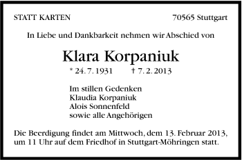 Traueranzeige von Klara Korpaniuk von Stuttgarter Zeitung / Stuttgarter Nachrichten